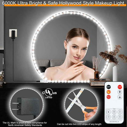 LED Vanity Mirror Lights for Makeup Dressing Table 13ft Flexible LED Light Strip Kit 6000K Daylight White Dimmer Power Supply, Bedroom Aesthetic Lighting Upgrade, DIY Mirror