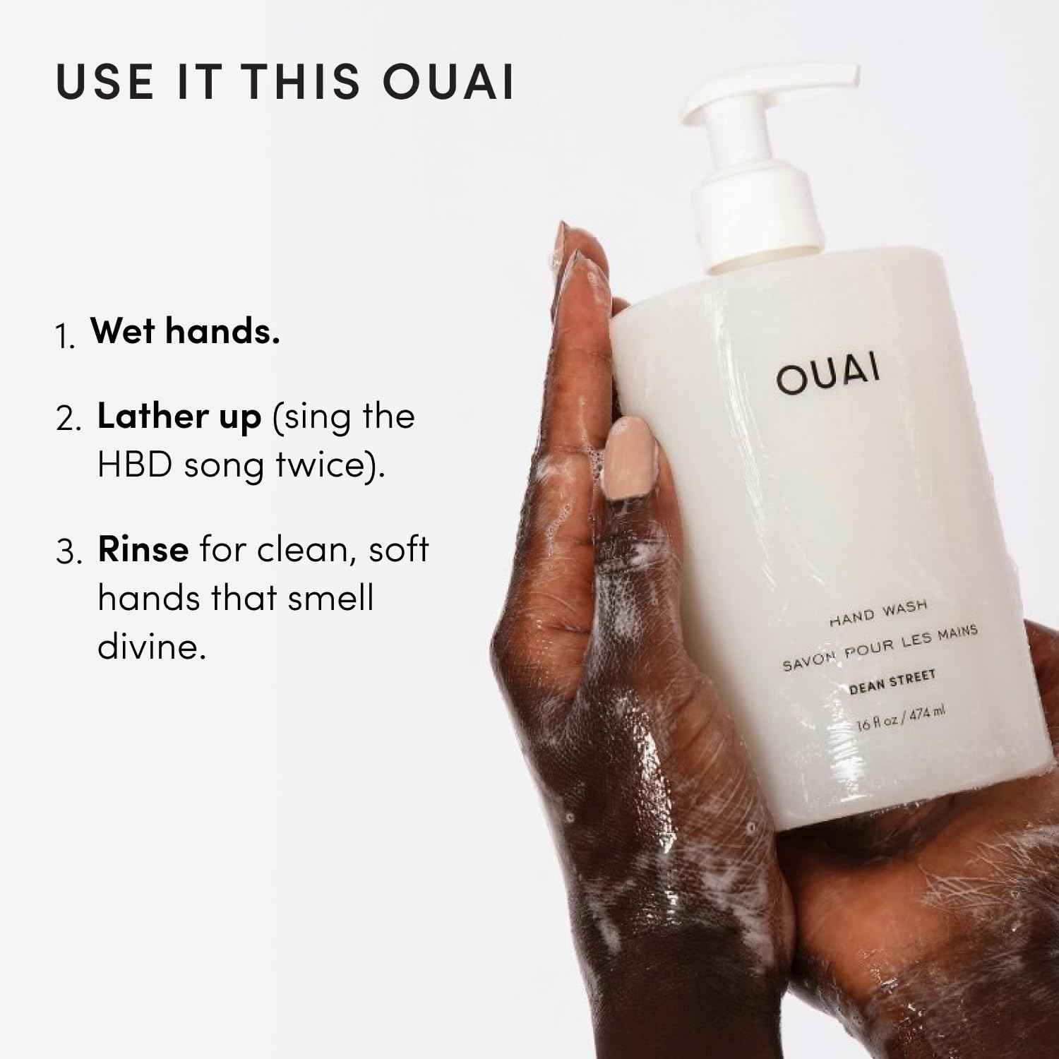 OUAI Hand Wash, Dean Street - Liquid Hand Soap with Jojoba, Avocado, & Rose Hip Oil for Replenished Skin - Gentle Exfoliating Kitchen & Bathroom Soap