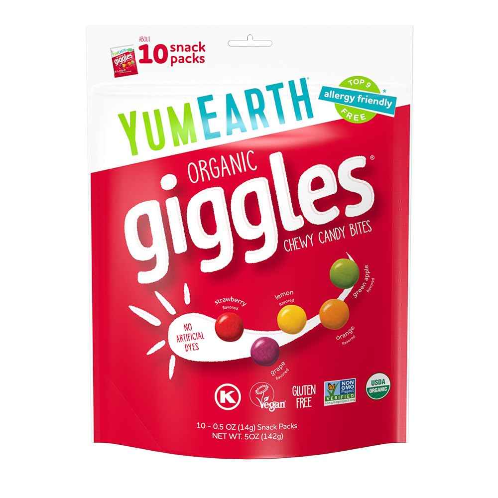 YumEarth Organic Giggles Chewy Candy – Allergy Friendly, No Artificial Dyes, Non GMO, Gluten Free, Fruit Flavored, Vegan Candy Snacks 0.5 oz