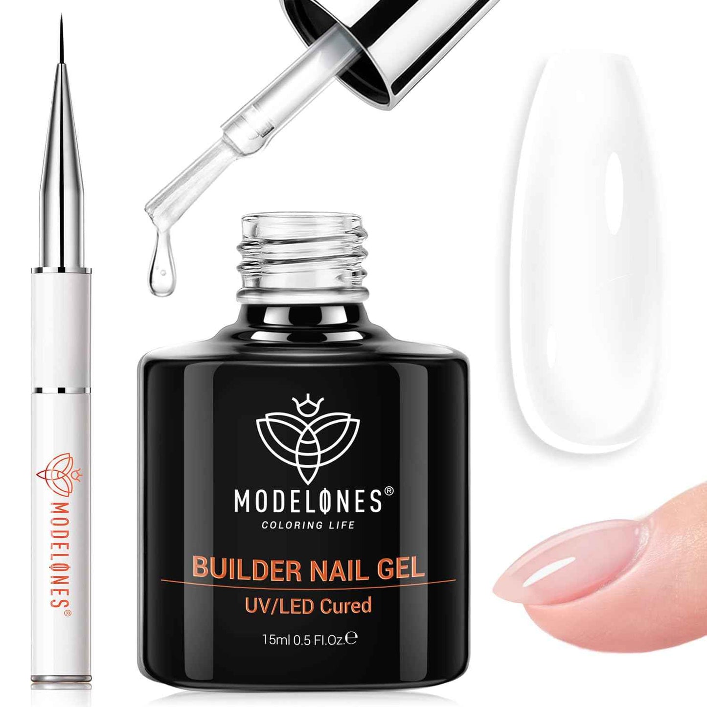 modelones Builder Nail Gel, 7-in-One Clear Builder for Nails, LED Lamp Cured Color Rubber Base Gel Polish Coat Strengthener Thickening Extension Rhinestone Glue in a Bottle for DIY Home Salon Gifts