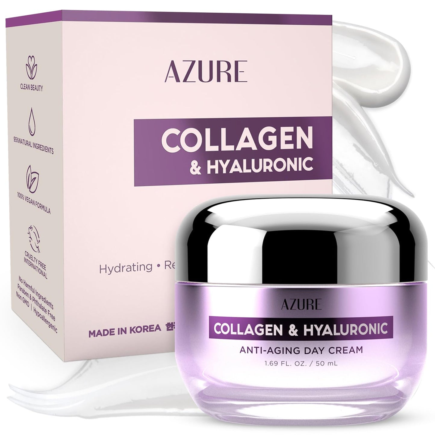 Azure Cosmetics Collagen &amp;amp; Hyaluronic Acid Face Moisturizer - Dermatologist Tested, Anti-Aging Cream for Fine Lines &amp;amp; Wrinkles - Ultra Hydrating Face Cream - Korean Skin Care - All Skin Type - 1.69 oz