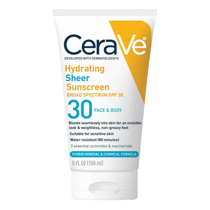 CeraVe Hydrating Sheer Sunscreen with SPF 30 for Face and Body, Mineral & Chemical Sunscreen for Men & Women with Zinc Oxide, Hyaluronic Acid and Ceramides, Paraben-Free + Fragrance-Free