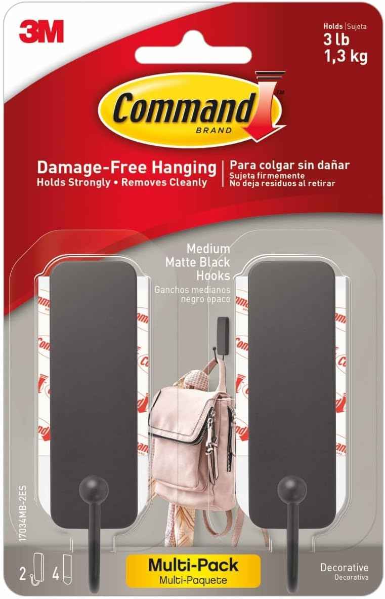Command Medium Wall Hook, 2 Coat Hooks and 4 Strips, Damage-Free Hanging with Adhesive, No Tools Great for Hanging Home Decor, Holds up to 3 lb