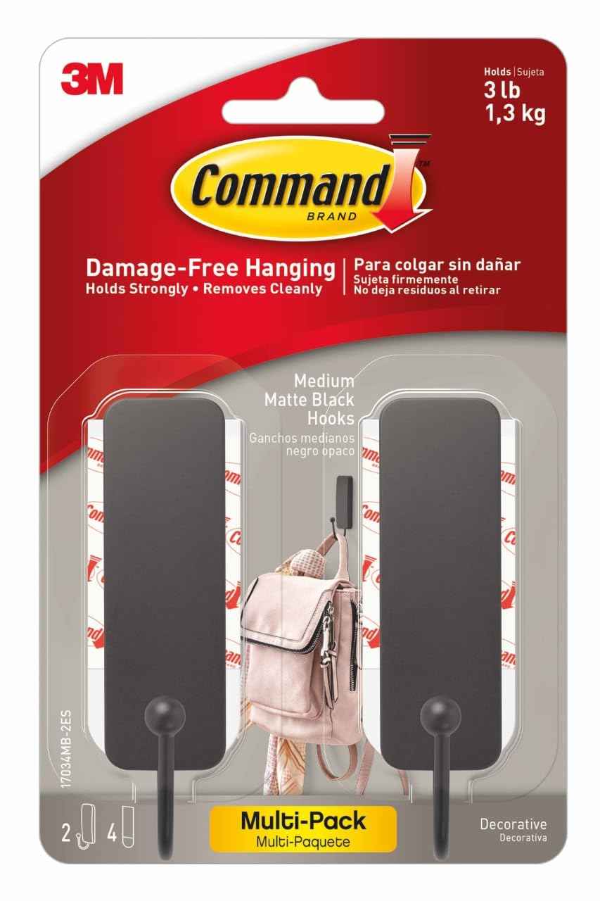 Command Medium Wall Hook, 2 Coat Hooks and 4 Strips, Damage-Free Hanging with Adhesive, No Tools Great for Hanging Home Decor, Holds up to 3 lb