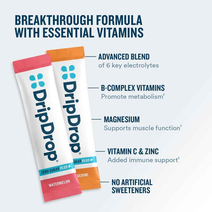 DripDrop Zero Sugar Plus - Sugar Free Hydration Packets- Single Serve Electrolytes Powder Drink Mix