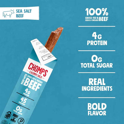 Chomps Snack Size Grass-Fed and Finished Jerky Snack Sticks 0.5oz 24-Pack - Keto, Paleo, Whole30, 4g Lean Meat Protein, Gluten-Free, Zero Sugar Food, Non-GMO Chomplings