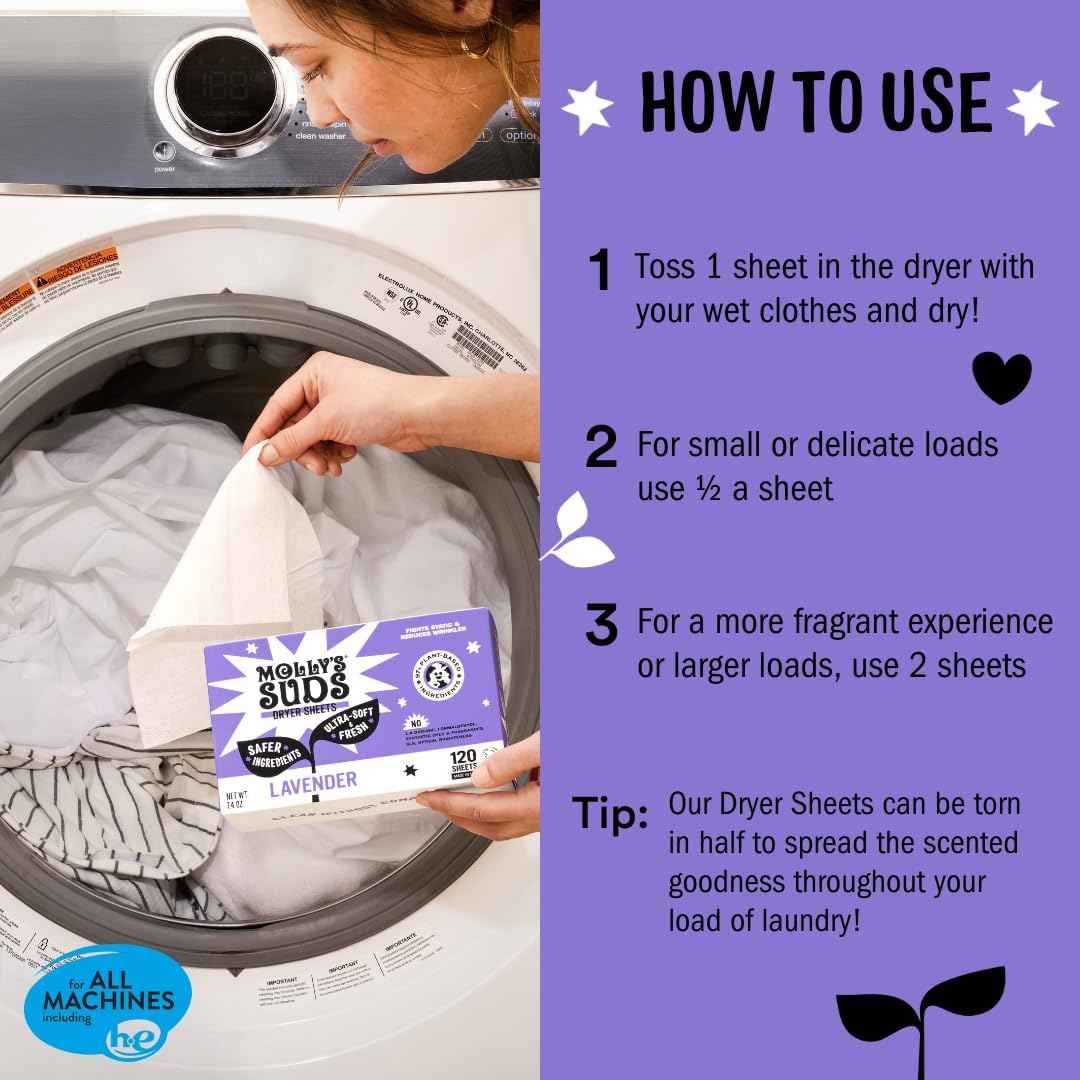 Molly's Suds Fabric Softener Dryer Sheets for Sensitive Skin | Plant-Based Static Reducer, Plastic-Free Packaging