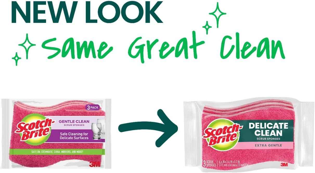 Scotch-Brite Delicate Clean Non-Scratch Scrub Sponge, Nonscratch Kitchen Sponges for Gentle Cleaning of Porcelain, Fine china, Stemware, Nonstick Pots and Pans, Mirrors, Faucets, and More