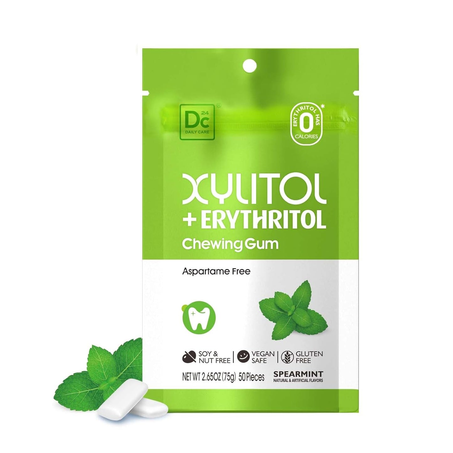 DC24_DAILY_CARE_Gum,_Aspartame_Free_&_Sugar_Free,_Xylitol_Chewing_Gum_with_Erythritol,_Low-Calorie,_Sugarless,_Spearmint,_50_Pieces_(Pack_of_1)