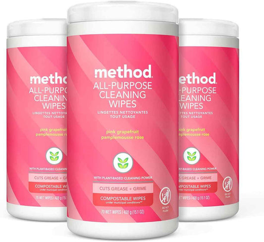 Method All-Purpose Cleaning Wipes, Pink Grapefruit, Multi-Surface, Compostable, 70 Count