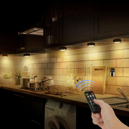 Battery_Operated_Puck_Lights_with_Remote_LED_Under_Cabinet_Lighting_Wireless_Stick_on_Lights_Color_Changing_Timer_Tap_Lights_for_Cabinets_Shelves_Closets_Display_Case_-_2/6_Pack-_Black/White