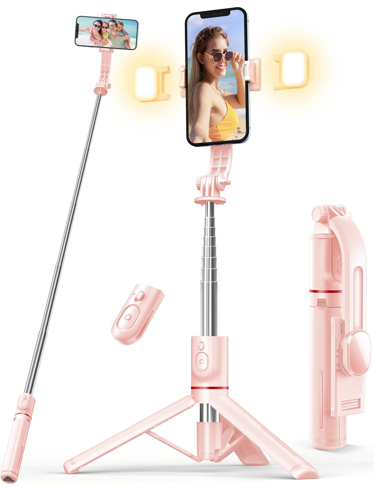 Selfie Stick with Light, 45&amp;#39;&amp;#39; Selfie Stick Tripod with Wireless Remote, Portable Travel Phone Tripod Compatible with iPhone 15 Pro Max/15/14 Pro/14/13, Samsung S22/ S23 Ultra/Android Smartphone (Pink)