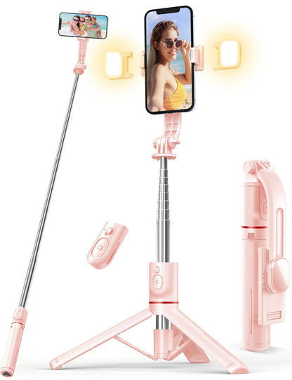 Selfie Stick with Light, 45&amp;#39;&amp;#39; Selfie Stick Tripod with Wireless Remote, Portable Travel Phone Tripod Compatible with iPhone 15 Pro Max/15/14 Pro/14/13, Samsung S22/ S23 Ultra/Android Smartphone (Pink)