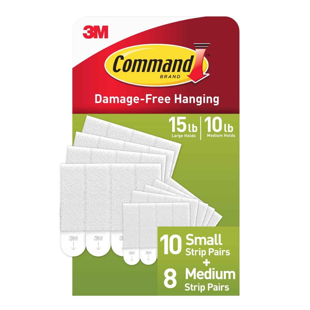 Command 10 lb & 5 lb Medium and Small 18 Pairs Picture Hanging Strips (36 Strips), Damage-Free Hangers for Picture Frames, No Tools Required, Great for Home Room Wall Decor, White Adhesive