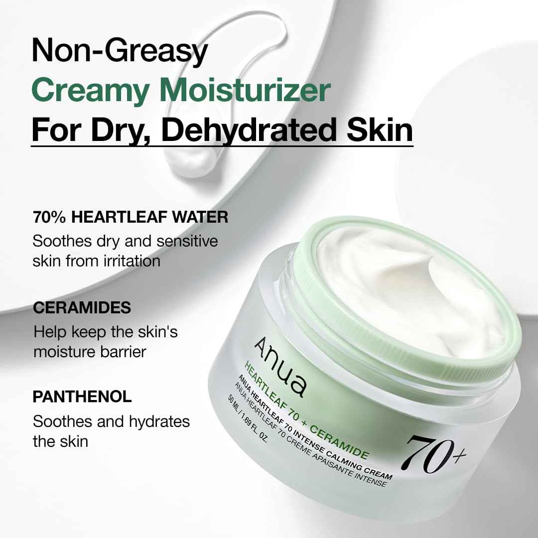 Anua Heartleaf 70 Intense Calming Cream with Ceramide & Panthenol, Face Moisturizer for Dry Skin, Barrier Repair, Glass Skin Hydration, Fragrance-free, Paraben-free, Korean skin care, 1.69 fl.oz