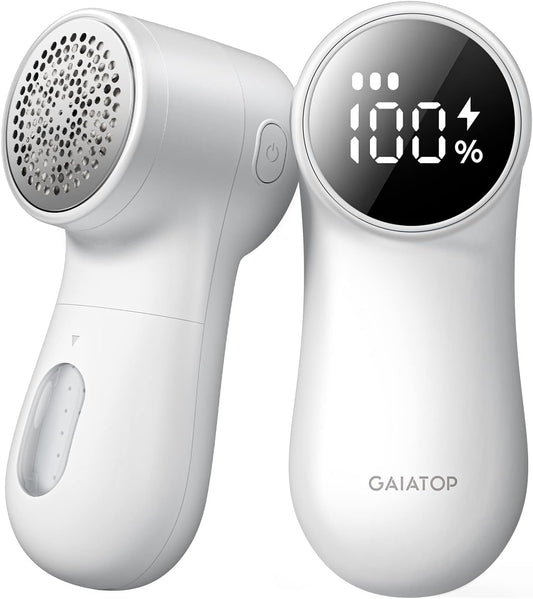 GAIATOP_Fabric_Shaver_Rechargeable_Lint_Remover_3_Speeds_Sweater_Defuzzer,_Cute_Digital_Screen_Large_Storage_6-Leaf_Blades,_Fuzz_Pills_Bobbles_Trimmer_for_Clothes_Furniture_Bedclothes_White_1_pcs