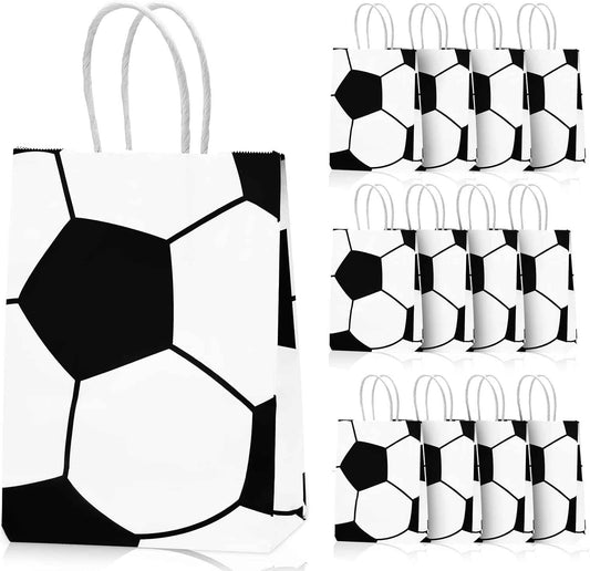 Leezmark 12 Pcs Soccer Party Favor Bags, Soccer Themed Party Gift Bags with Handles, Paper Gift Bags Soccer Goodie Bags Treat Candy Bags for Kids Adults Soccer Party Supplies