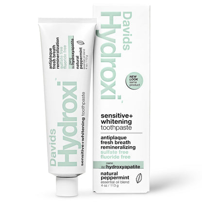 Davids Hydroxi Fluoride Free Nano Hydroxyapatite Toothpaste for Remineralizing, Sensitive Support, Whitening, Antiplaque, SLS Free, Natural Peppermint, 4oz, Made in USA
