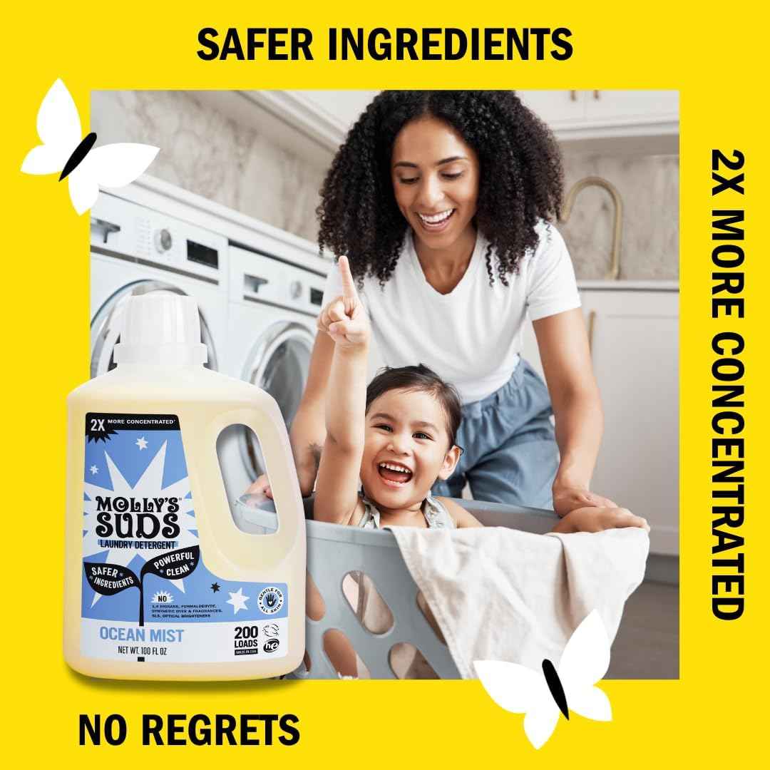 Molly's Suds Liquid Laundry Detergent | Clean Laundry Detergent Soap for Sensitive Skin | 2x Concentrated, High Efficiency (HE)