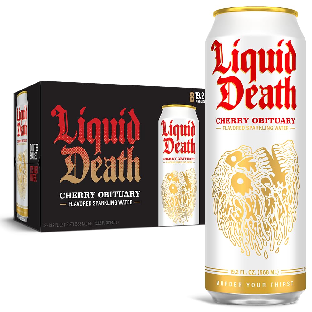 Liquid Death, Cherry Obituary, Cherry-Flavored Sparkling Water, 8-Pack (19.2oz Cans), Low Calorie &amp;amp; No Artificial Sweeteners