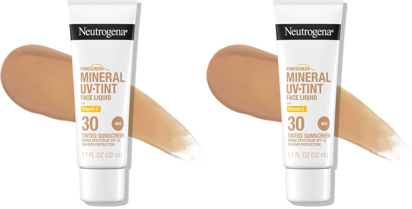Neutrogena Purescreen+ Tinted Sunscreen for Face with SPF 30, Broad Spectrum Mineral Sunscreen with Zinc Oxide and Vitamin E, Water Resistant, Fragrance Free, Medium, 1.1 fl oz