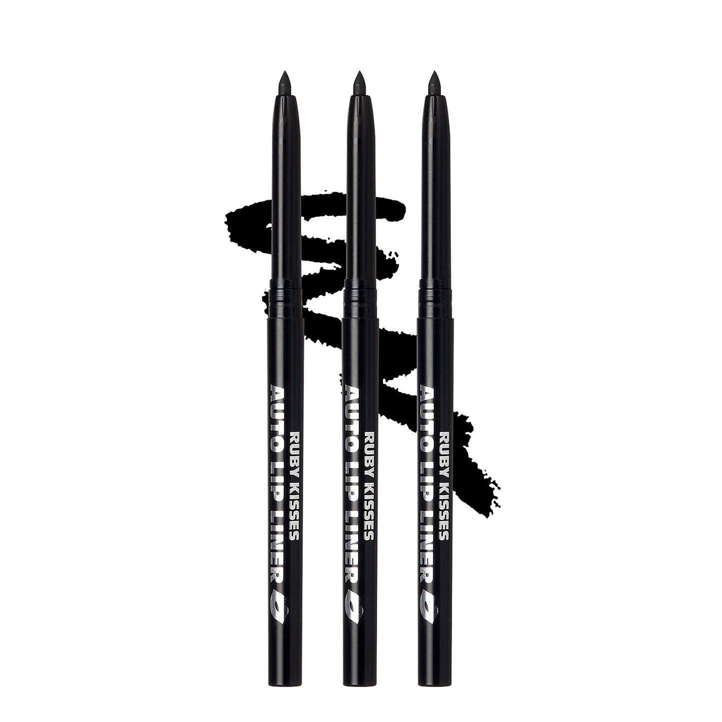 Ruby Kisses Auto Lip Liner Pencil (Black 3 Pack), Long Lasting &amp;amp; Non-Fading, Smooth Application, Non-Feathering with Rich Pigmented Color, No Sharpener Needed, Ideal for Full Lips Look