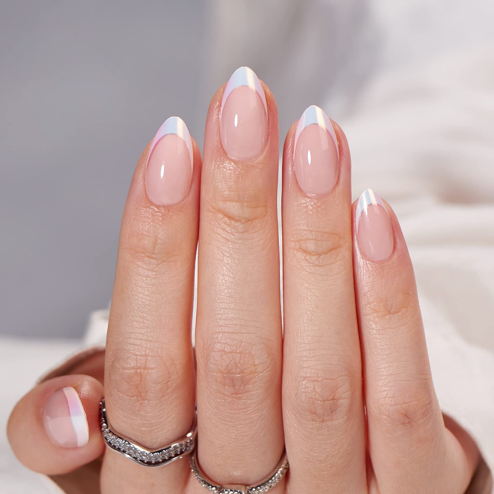 BTArtbox French Tip Press On Nails - White Press On Nails Almond, Short Fake Nails with Nail Glue, Fit Perfectly &amp;amp; Natural Reusable Stick on Nails in 16 Sizes, Mermaid