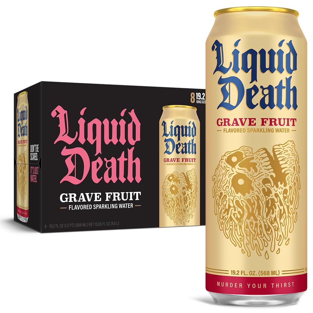 Liquid Death Soda-Flavored Sparkling Water - Grave Fruit (Grapefruit Flavor), Less Sugar*, Huge Flavor, No Caffeine, No Artificial Sweeteners, King Size 19.2 Fl Oz (Pack of 8)