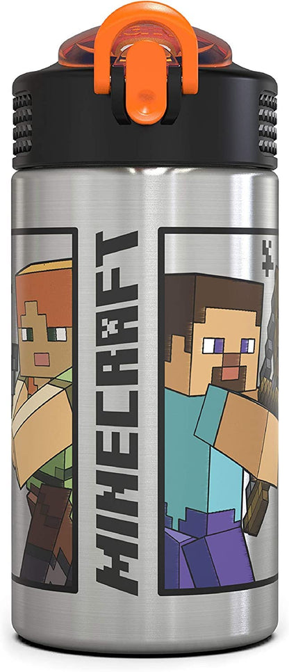 Zak Designs Minecraft - 15.5 oz Singal Wall Stainless Steel Water Bottle with One Hand Operation Action Lid and Built-in Carrying Loop, with Straw Spout is Perfect for Kids (Small)