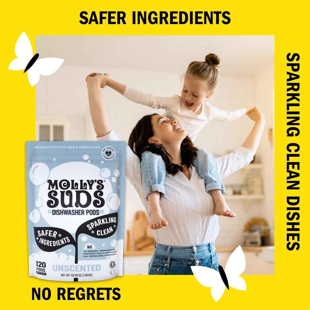 Molly's Suds Dishwasher Pods | Clean Dishwasher Detergent, Cuts Grease & Rinses Clean (Residue-Free) for Sparkling Dishes | 120 Auto-Release Tabs