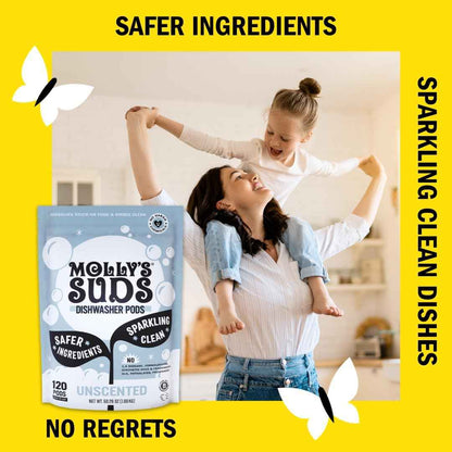 Molly's Suds Dishwasher Pods | Clean Dishwasher Detergent, Cuts Grease & Rinses Clean (Residue-Free) for Sparkling Dishes | 120 Auto-Release Tabs