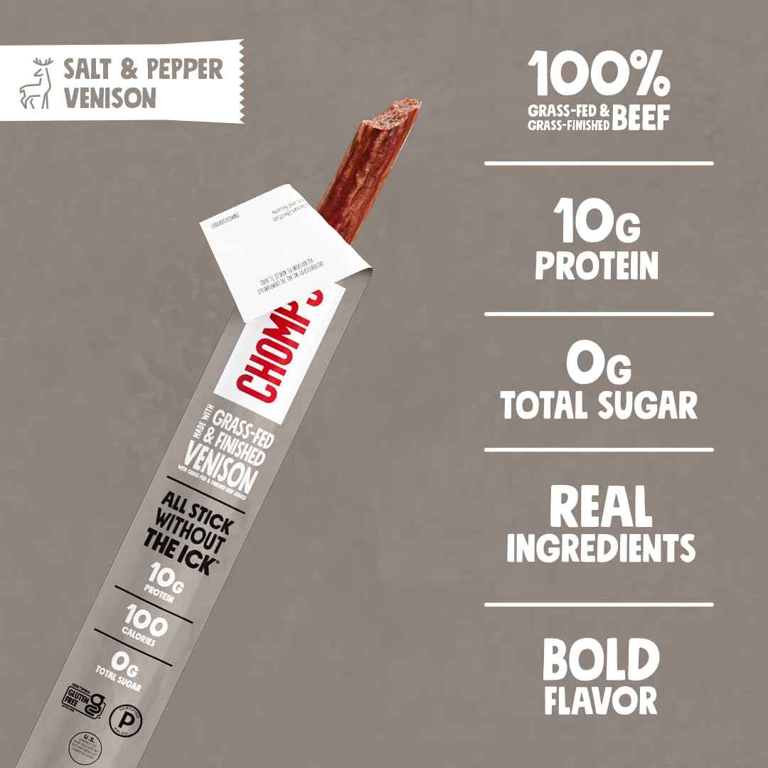 Chomps Grass-Fed & Finished Salt & Pepper Venison Jerky Meat Snack Sticks  - Keto, Paleo, Low Carb, Whole30 Approved, 10g Lean Meat Protein, Gluten Free, Zero Sugar Food