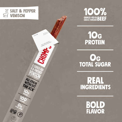 Chomps Grass-Fed & Finished Salt & Pepper Venison Jerky Meat Snack Sticks  - Keto, Paleo, Low Carb, Whole30 Approved, 10g Lean Meat Protein, Gluten Free, Zero Sugar Food