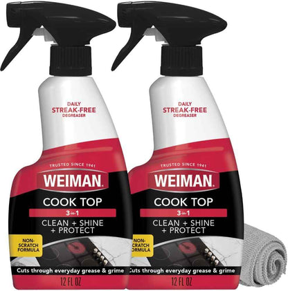 Weiman 2-Pack Cooktop Cleaning Spray & Microfiber Cloth – Cooktop & Oven Cleaner for Streak & Residue Free - Non-Abrasive Degreaser Safe for Glass & Ceramic
