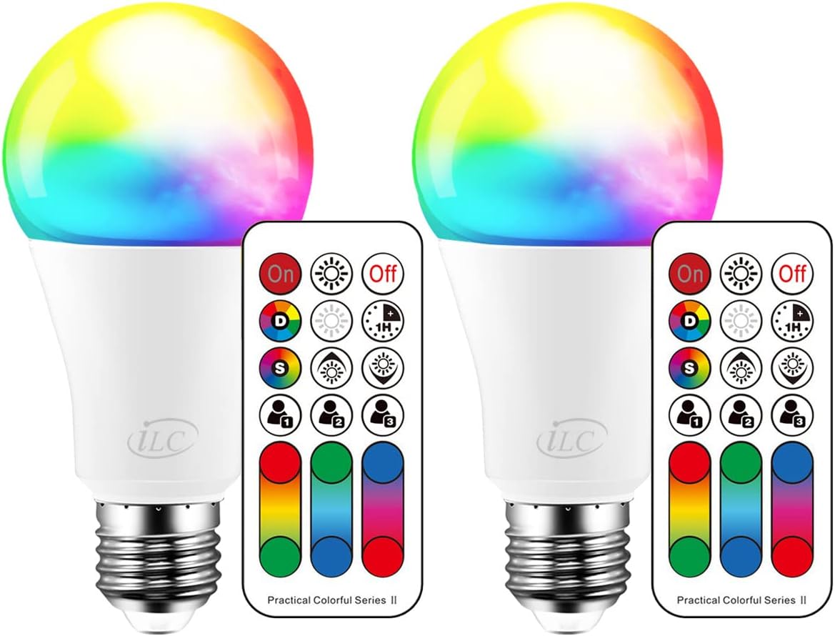 ILC_Color_Changing_LED_Light_Bulb,_120_Colors,_2700K_Warm_White,_70_Watt_Equivalent,_DIY_Strobe,_RGB_with_Remote_Control,_LED_10W_A19_E26_Screw_(Pack_of_2)