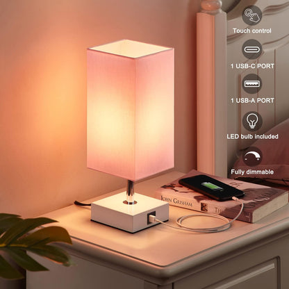 Ambimall_Touch_Control_Table_Lamp_with_2_USB_Charging_Ports,_3_Way_Touch_Lamps_Beside_Desk,_Nightstand_Lamp_for_Bedrooms_Living_Room,_Pink_Shade_with_White_Base,_LED_Bulb_Included(Pink)