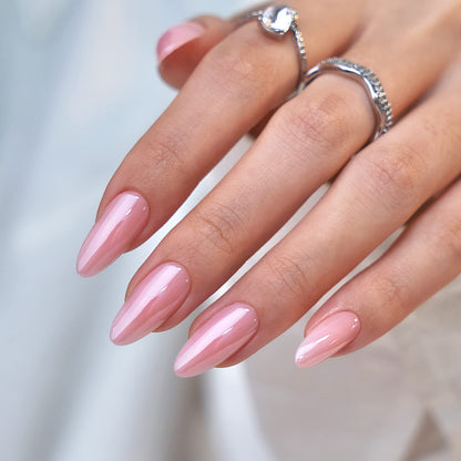 BTArtbox Press On Nails Almond - Soft Gel Press on Nails Pink Chrome Nails, Light Weight &amp;amp; Fit Perfectly, Natural Fake Nail with Nail Glue, Medium Glue On Nails in 15 Sizes - 30 Nail Kit, Lotus Glazed