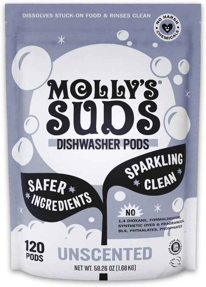 Molly's Suds Dishwasher Pods | Clean Dishwasher Detergent, Cuts Grease & Rinses Clean (Residue-Free) for Sparkling Dishes | 120 Auto-Release Tabs