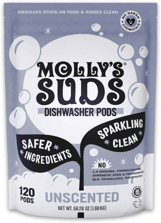 Molly's Suds Dishwasher Pods | Clean Dishwasher Detergent, Cuts Grease & Rinses Clean (Residue-Free) for Sparkling Dishes | 120 Auto-Release Tabs