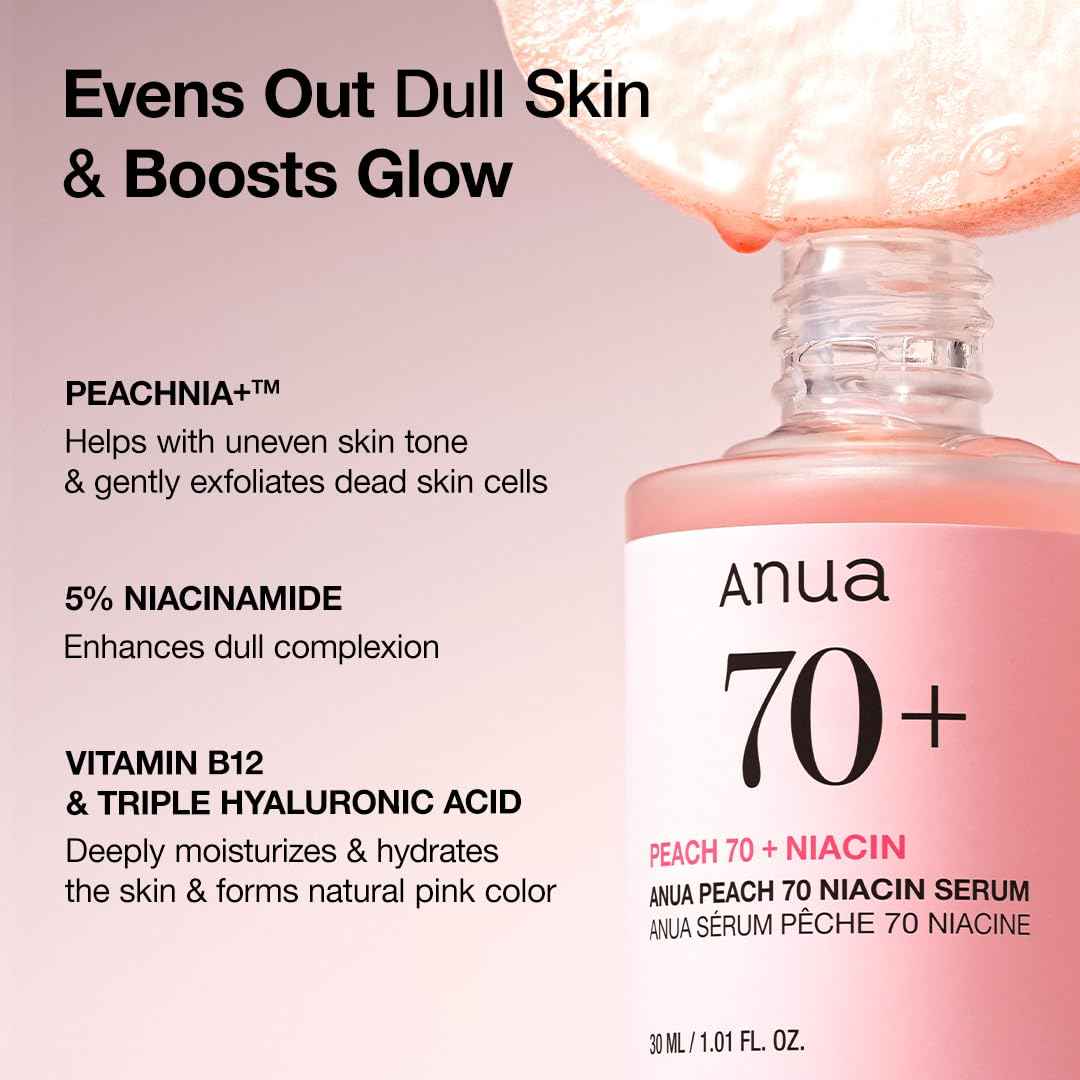 Anua Peach 70 Niacinamide Serum, Daily Glow Serum For Face, Skin Tone & Dullness Care with Vitamin B12, Lightweight, Hydrating For Glass Skin Effect, Korean Skin Care, 1.01 fl.oz