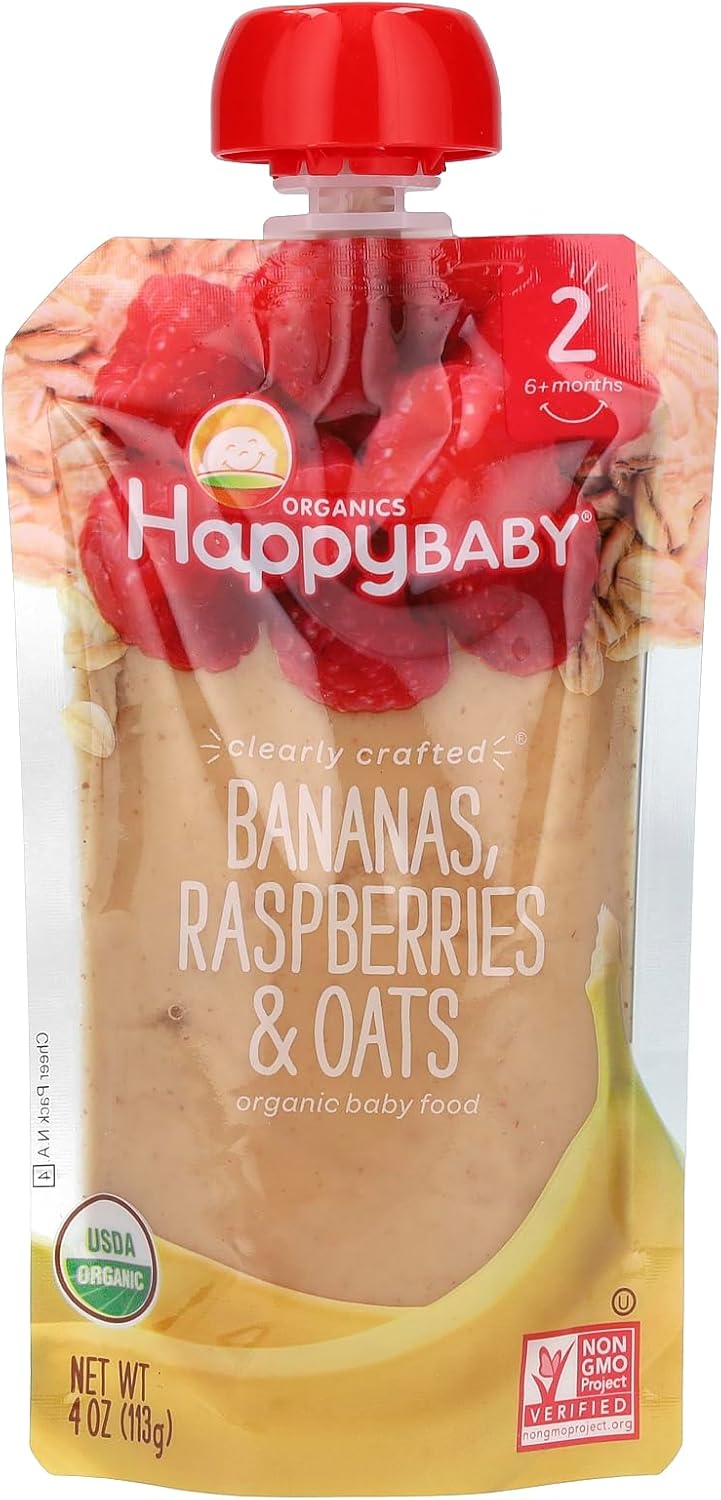 Happy_Baby_Organics_Stage_2_Baby_Food_Pouches,_Gluten_Free,_Vegan_&_Healthy_Snack,_Clearly_Crafted_Fruit_&_Veggie_Puree,_Bananas,_Raspberries_&_Oats,_4_Ounces_(Pack_of_1)