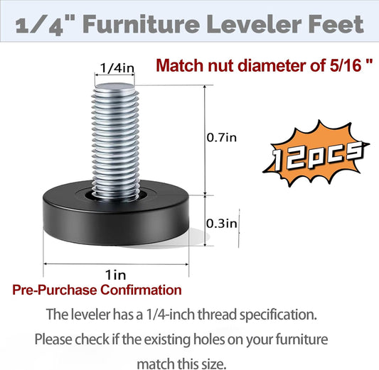 12_Pcs_1/4"_Thread_Leveling_Feet,_Adjustable_Furniture_Feet_Threaded_Screw_in_for_Table_Leveling_Feet_Screw,_for_Table,_Cabinets,_Chairs,_Stool_Legs
