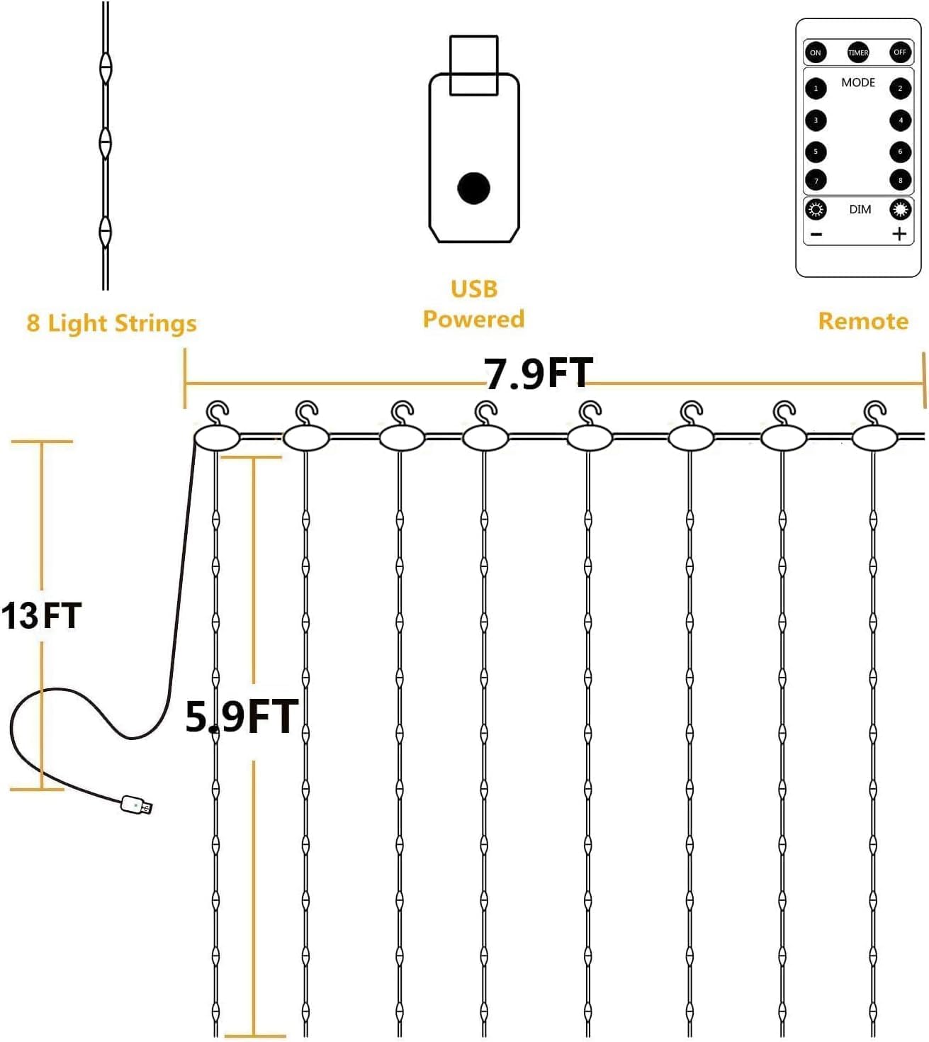 YEOLEH_String_Lights_Curtain,USB_Powered_Fairy_Lights_for_Bedroom_Wall_Party,8_Modes_&_IP64_Waterproof_Ideal_for_Outdoor_Wedding_Decor_