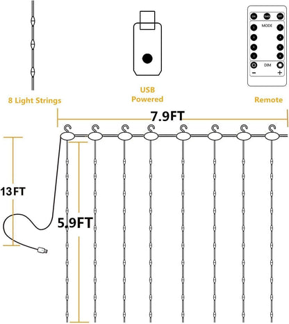YEOLEH_String_Lights_Curtain,USB_Powered_Fairy_Lights_for_Bedroom_Wall_Party,8_Modes_&_IP64_Waterproof_Ideal_for_Outdoor_Wedding_Decor_