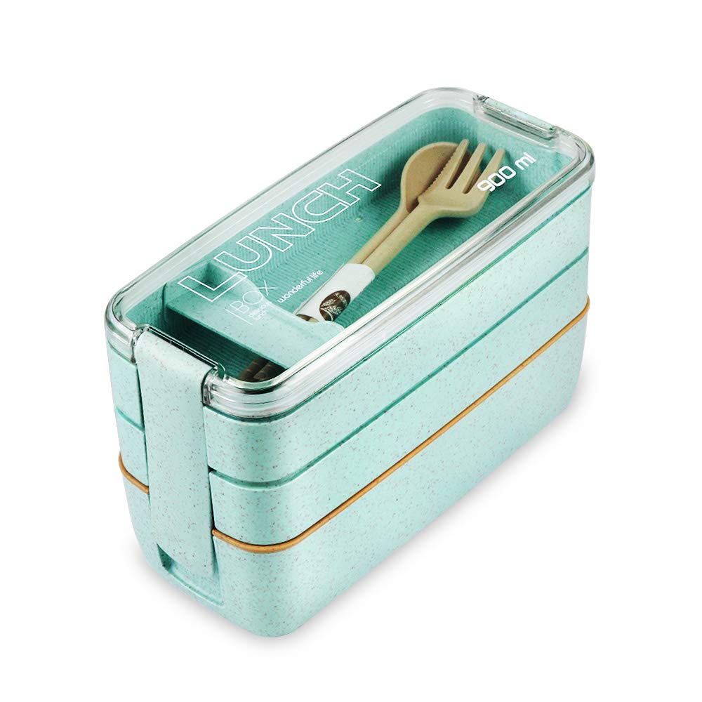 Iteryn Bento Box Lunch Box, 3-In-1 Compartment Lunch Containers - Wheat Straw, Leakproof Stackable Bento Lunch Box for Meal Prep