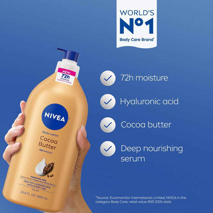 NIVEA Cocoa Butter Body for Dry Skin with Hyaluronic Acid, Cocoa Butter and Deep Nourishing Serum, 72-Hour Body Moisturizer