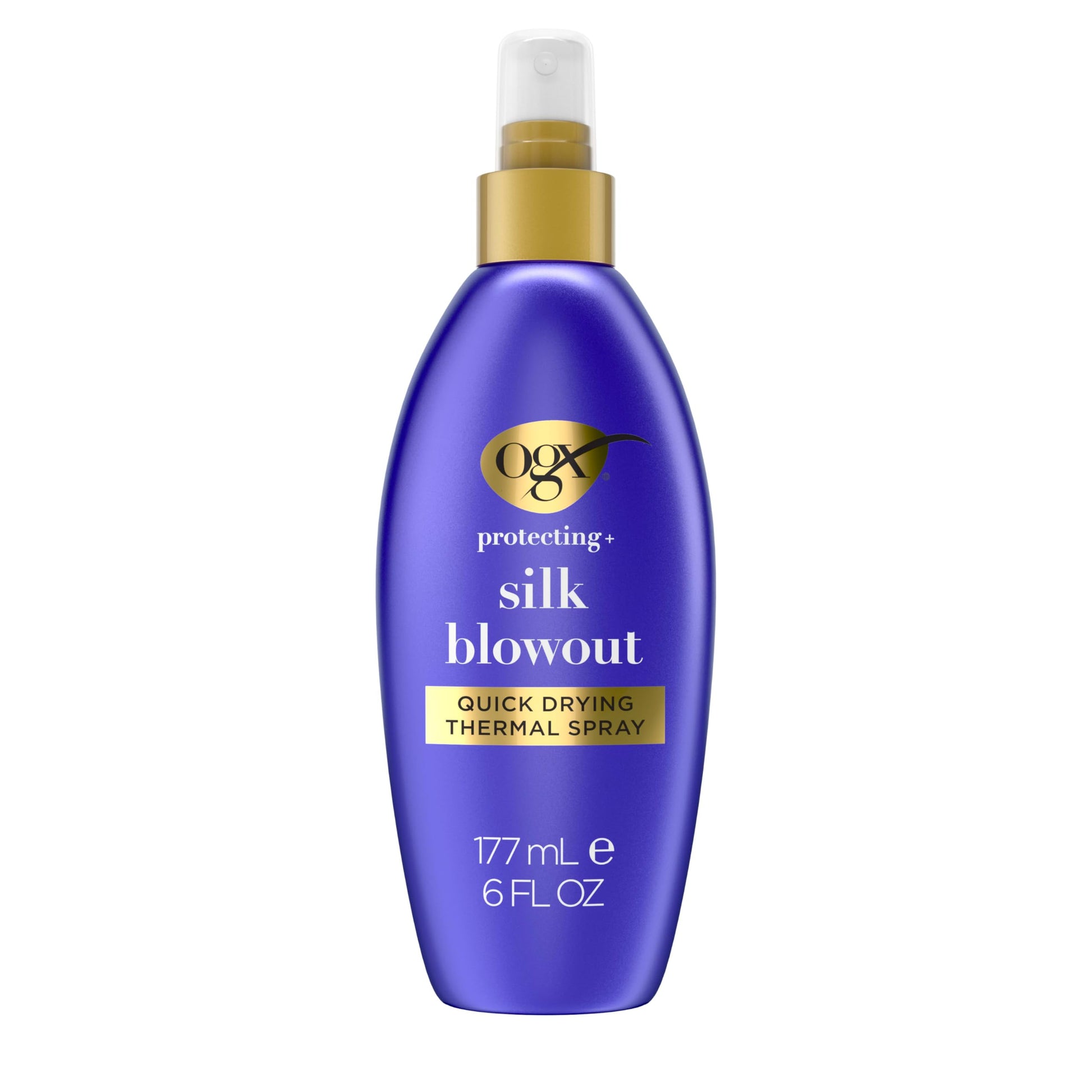 OGX Protecting + Silk Blowout Quick Drying Thermal Protection Spray, Heat Protectant Spray Shields Hair up to 450°F For Soft, Shiny Hair and Big, Beautiful Blowouts, Light Hold, 6 fl. oz