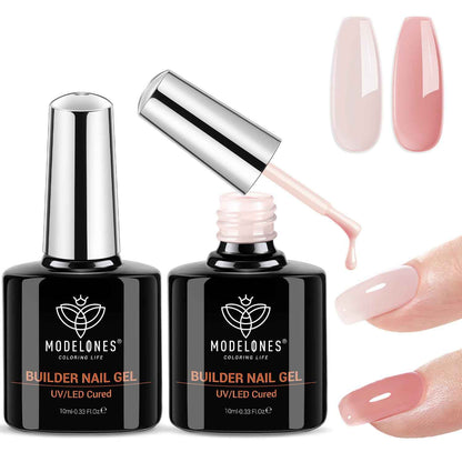 modelones Builder Nail Gel, 2 Pcs Clear and Cover Nude Builder Nail Polish, 8-in-One Apex Building Thickening Strengthener Extension Rubber Color Base Gel for DIY Home Salon Gifts LED Lamp Cured 10ml