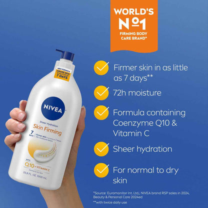 NIVEA Sheer Hydration Skin Firming Body Lotion with Q10 and Vitamin C, 72-Hour Body Moisturizer for Normal to Dry Skin