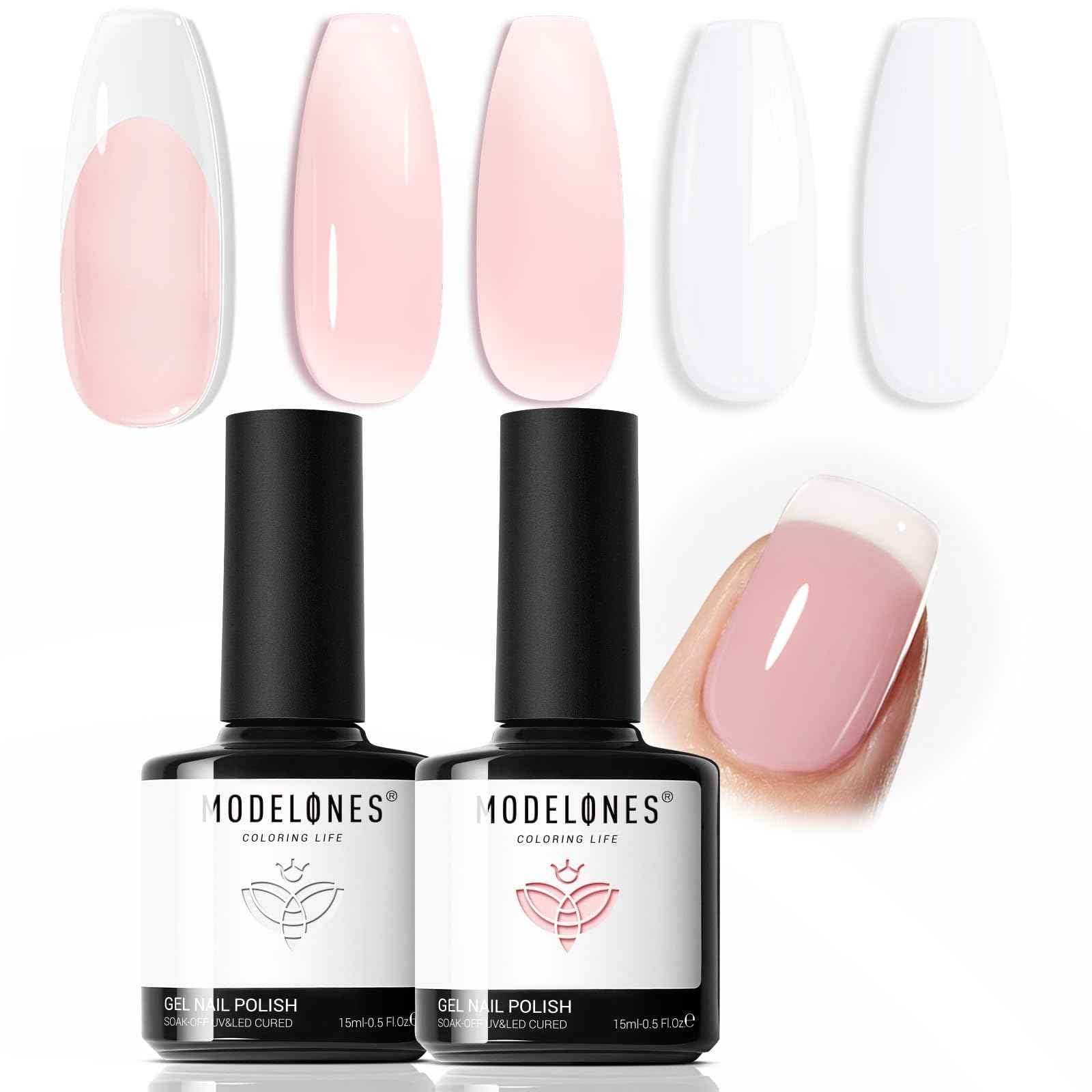 modelones Builder Nail Gel, 2 Pcs Clear and Cover Nude Builder Nail Polish, 8-in-One Apex Building Thickening Strengthener Extension Rubber Color Base Gel for DIY Home Salon Gifts LED Lamp Cured 10ml